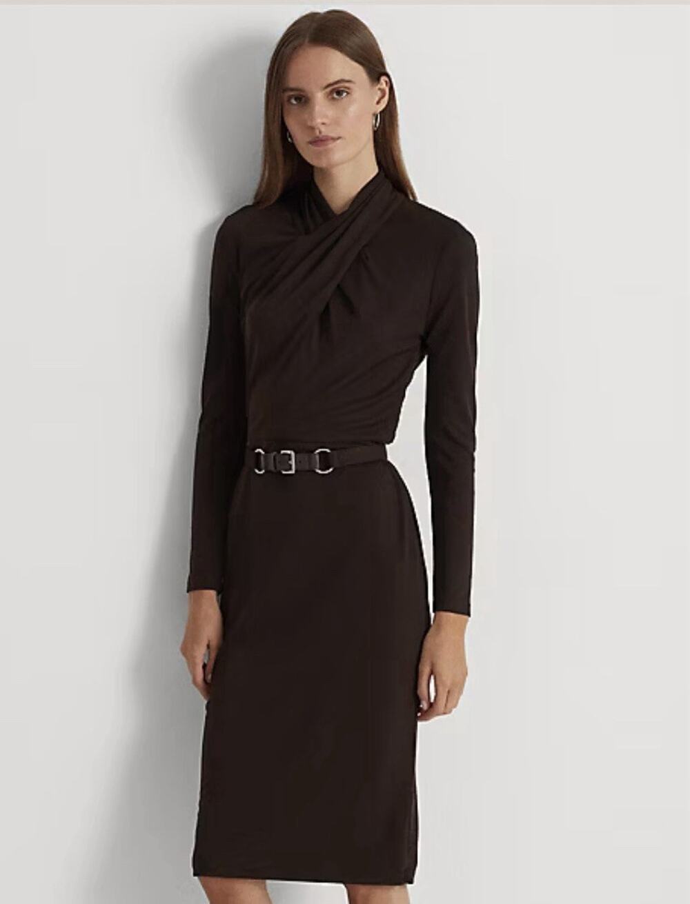NWOT Lauren Ralph Lauren Brown Belted Mockneck Jersey Dress 14 Stretch